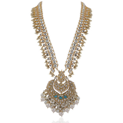 Long Pendant Necklace Set  Studded With White And Blue Jadtar Stones