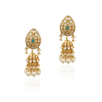 Long Pendant Necklace Set  Studded With White And Blue Jadtar Stones
