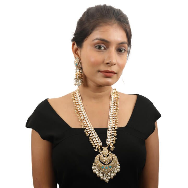 Long Pendant Necklace Set  Studded With White And Blue Jadtar Stones