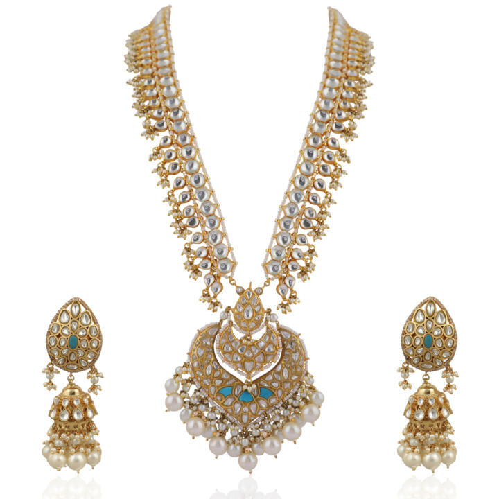 Long Pendant Necklace Set  Studded With White And Blue Jadtar Stones