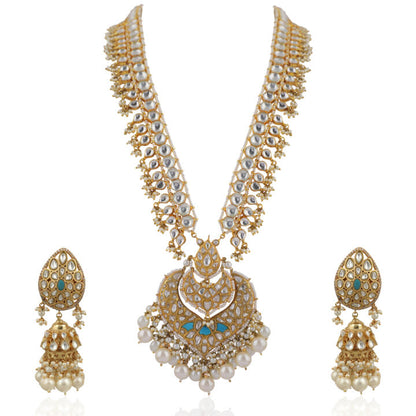 Long Pendant Necklace Set  Studded With White And Blue Jadtar Stones