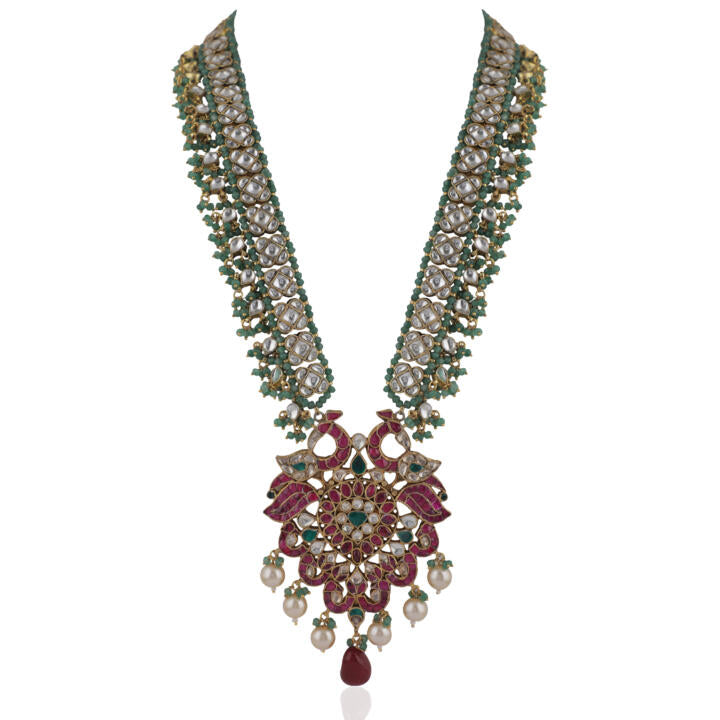 Traditional Multi Colour Pendant Necklace With Peacock Design