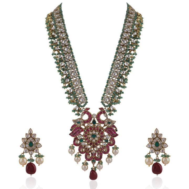 Traditional Multi Colour Pendant Necklace With Peacock Design