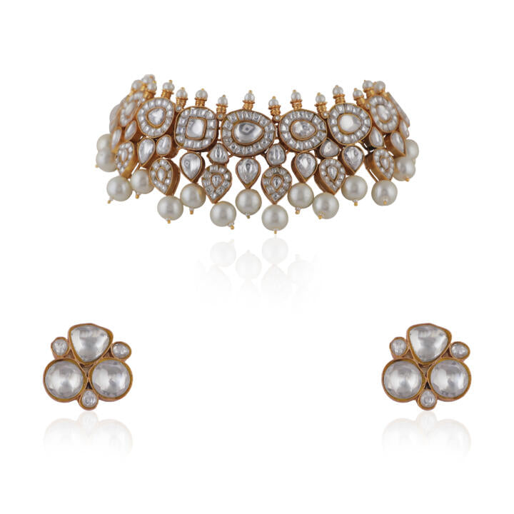 White Jadtar Choker Necklace With Pearls