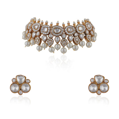 White Jadtar Choker Necklace With Pearls