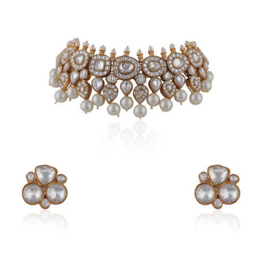 White Jadtar Choker Necklace With Pearls