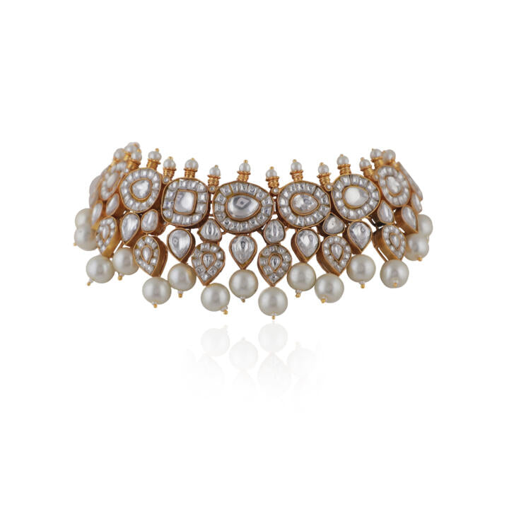 White Jadtar Choker Necklace With Pearls