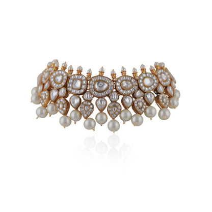 White Jadtar Choker Necklace With Pearls