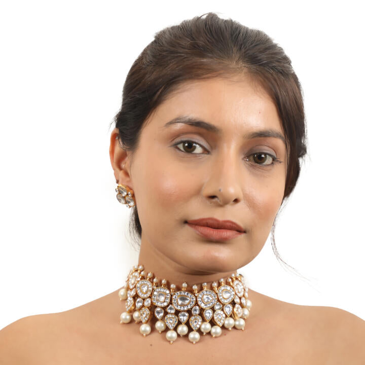 White Jadtar Choker Necklace With Pearls