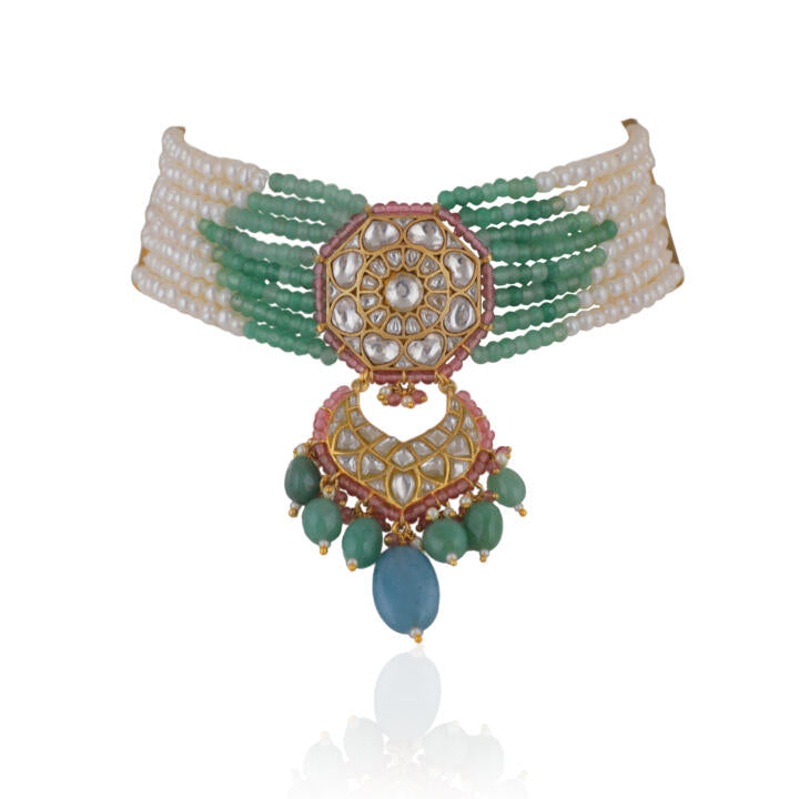 Choker Necklace Belt With Chandbaalis In Pastel Shades And Pearls