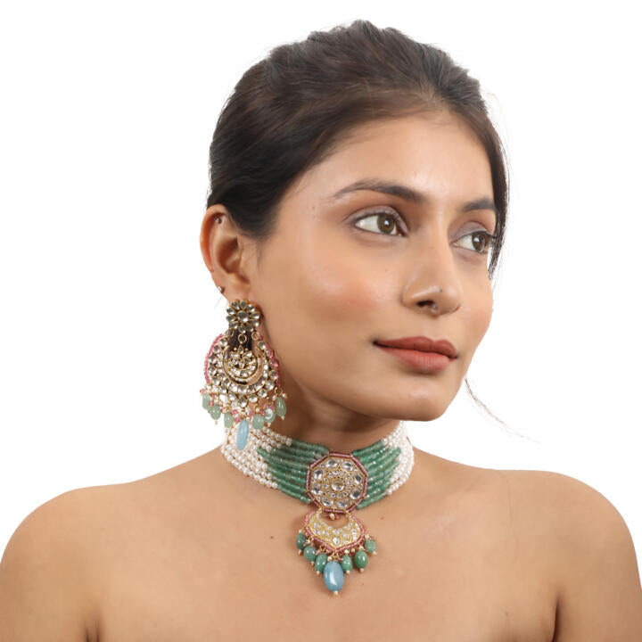 Choker Necklace Belt With Chandbaalis In Pastel Shades And Pearls