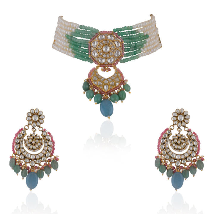 Choker Necklace Belt With Chandbaalis In Pastel Shades And Pearls