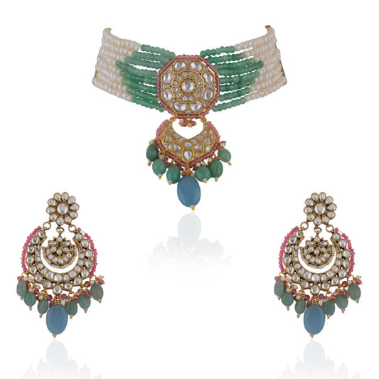 Choker Necklace Belt With Chandbaalis In Pastel Shades And Pearls