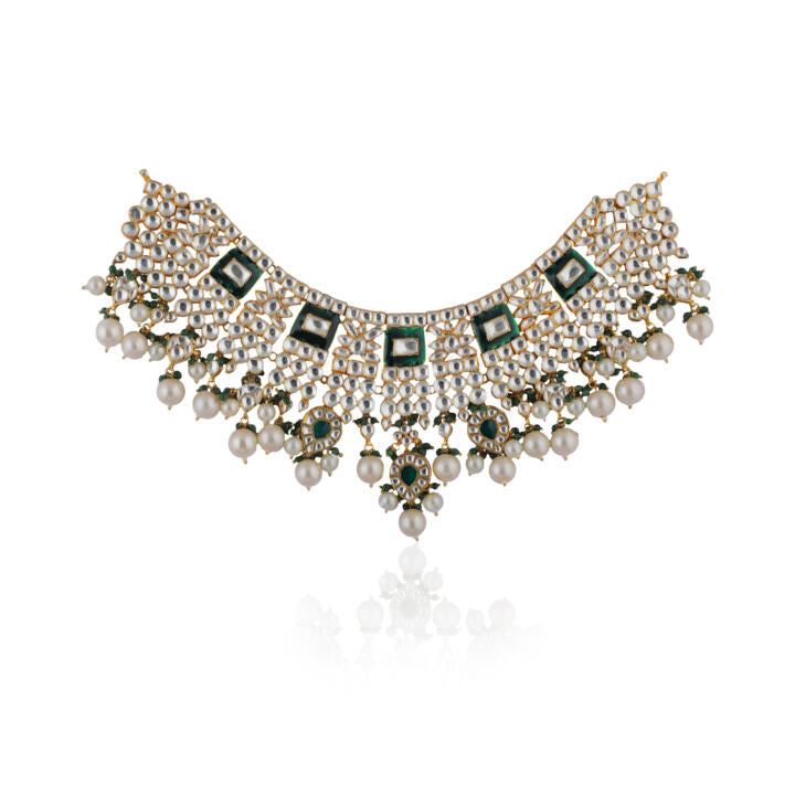 Traditional Necklace With Emerald Mina Work And Jhumki Earrings