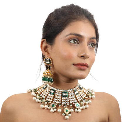 Traditional Necklace With Emerald Mina Work And Jhumki Earrings