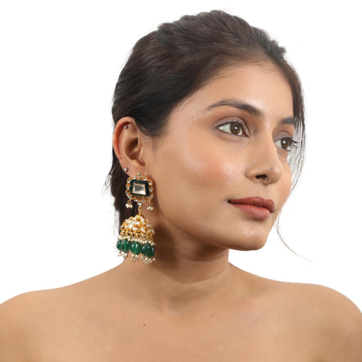 Traditional Necklace With Emerald Mina Work And Jhumki Earrings