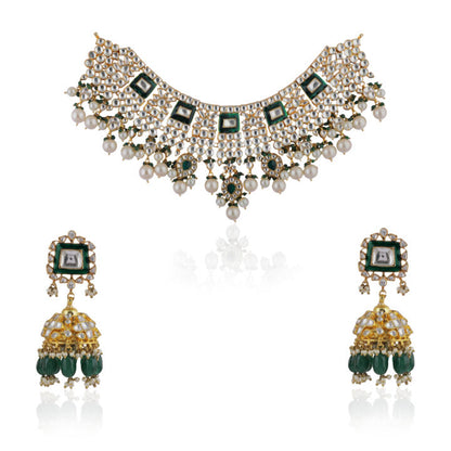 Traditional Necklace With Emerald Mina Work And Jhumki Earrings