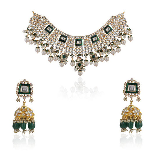 Traditional Necklace With Emerald Mina Work And Jhumki Earrings