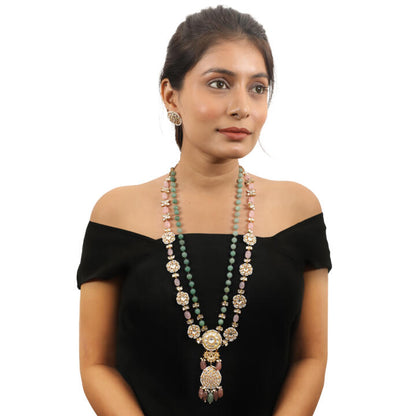 Sea Green And Light Pink Beads White Jadtar Long Necklace With Studs