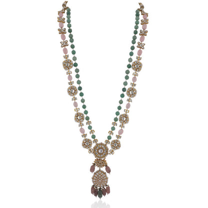 Sea Green And Light Pink Beads White Jadtar Long Necklace With Studs