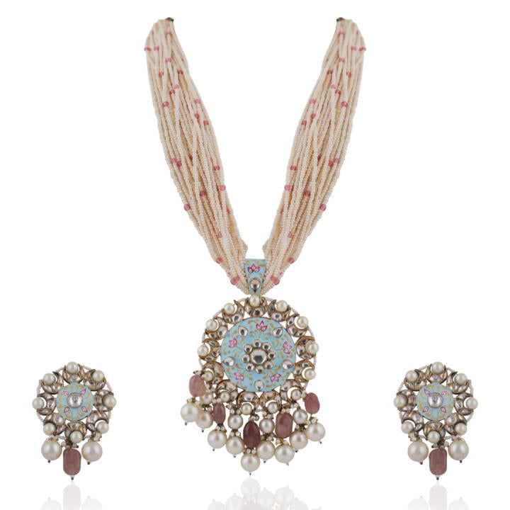 Long Necklace Set  With Firozi Mina Work Pendant And Pastel Pink Beads