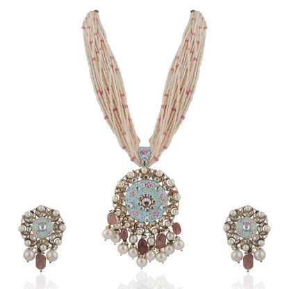 Long Necklace Set  With Firozi Mina Work Pendant And Pastel Pink Beads