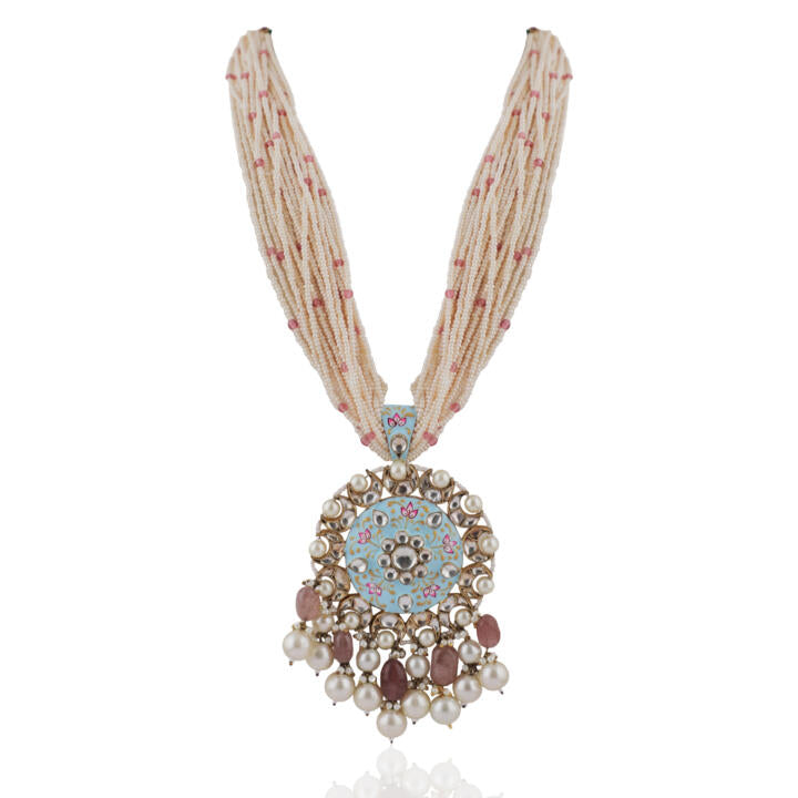 Long Necklace Set  With Firozi Mina Work Pendant And Pastel Pink Beads