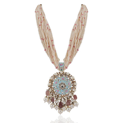 Long Necklace Set  With Firozi Mina Work Pendant And Pastel Pink Beads