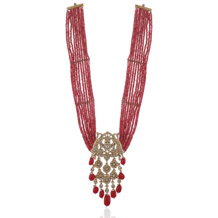 Long Pendant Necklace Set With Peacock Design  Beaded In Strings Of Peachish Pink Shades