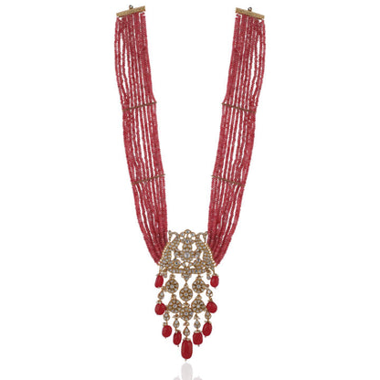 Long Pendant Necklace Set With Peacock Design  Beaded In Strings Of Peachish Pink Shades