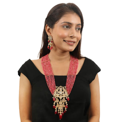 Long Pendant Necklace Set With Peacock Design  Beaded In Strings Of Peachish Pink Shades