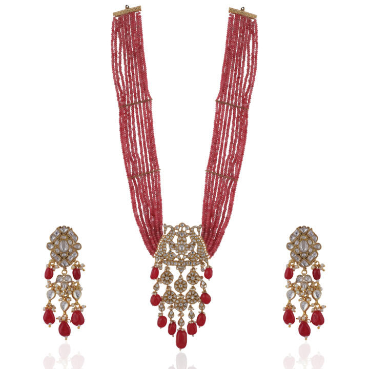 Long Pendant Necklace Set With Peacock Design  Beaded In Strings Of Peachish Pink Shades