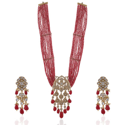 Long Pendant Necklace Set With Peacock Design  Beaded In Strings Of Peachish Pink Shades
