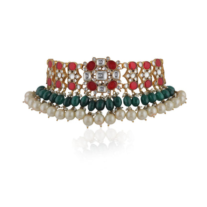 Choker Necklace Set In Red, With Studs And Emerald Drops
