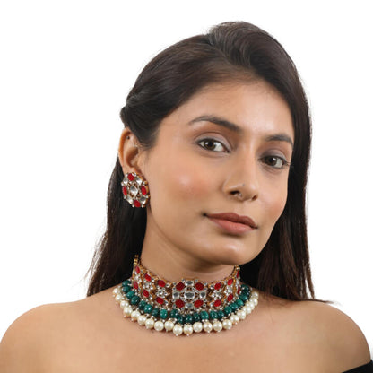 Choker Necklace Set In Red, With Studs And Emerald Drops