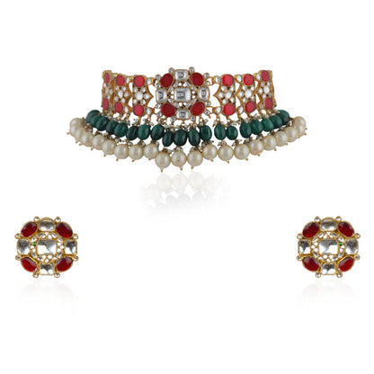 Choker Necklace Set In Red, With Studs And Emerald Drops
