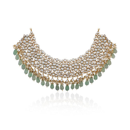 White Jadtar  Necklace Set With Jade Green Drops And Chandbali Earrings