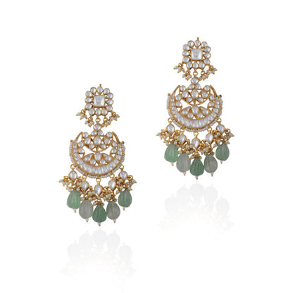 White Jadtar  Necklace Set With Jade Green Drops And Chandbali Earrings