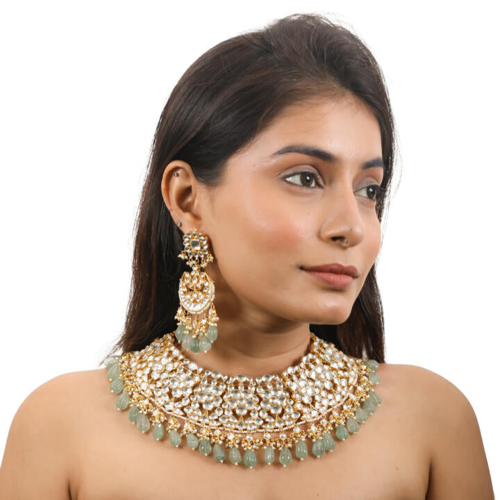 White Jadtar  Necklace Set With Jade Green Drops And Chandbali Earrings