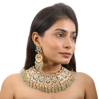 White Jadtar  Necklace Set With Jade Green Drops And Chandbali Earrings