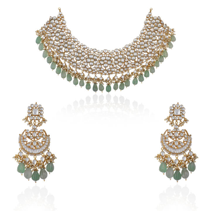 White Jadtar  Necklace Set With Jade Green Drops And Chandbali Earrings
