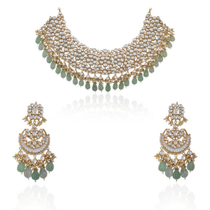 White Jadtar  Necklace Set With Jade Green Drops And Chandbali Earrings