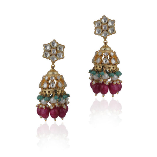 Multicoloured Jhumki Earings With White Jadtar Stones