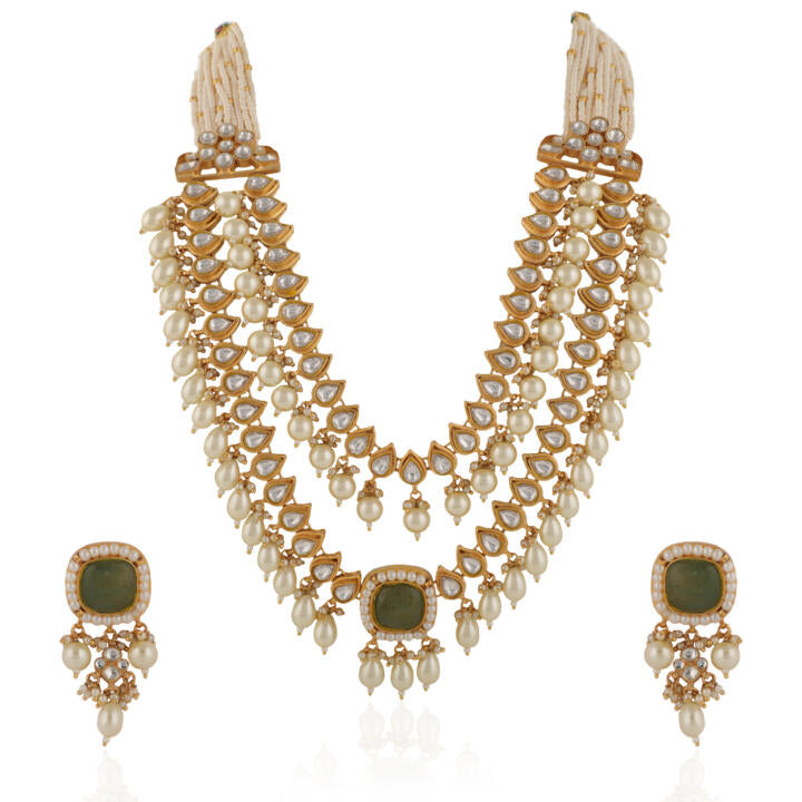 Indian Handcrafted Jadtar White & Mint Green Bridal Special Double Layered Necklace Set With Pastel Pink Beads And White Pearl