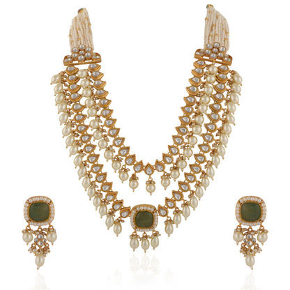 Indian Handcrafted Jadtar White & Mint Green Bridal Special Double Layered Necklace Set With Pastel Pink Beads And White Pearl