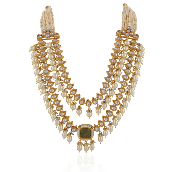Indian Handcrafted Jadtar White & Mint Green Bridal Special Double Layered Necklace Set With Pastel Pink Beads And White Pearl