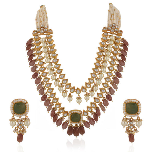 Indian Handcrafted Jadtar White & Mint Green Bridal Special Double Layered Necklace Set With Pastel Pink Beads And White Pearl