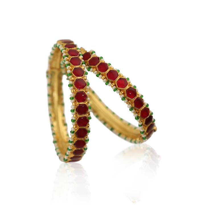 Pink Round Stone Bangles Green Moti Work(Pair)