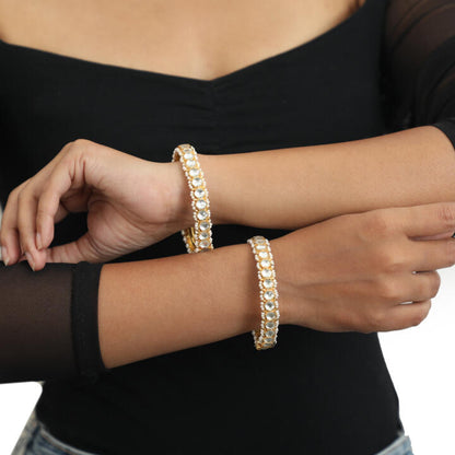 White Small Stone Bangles With Moti Work (Pair)