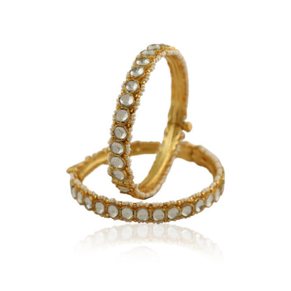 White Small Stone Bangles With Moti Work (Pair)